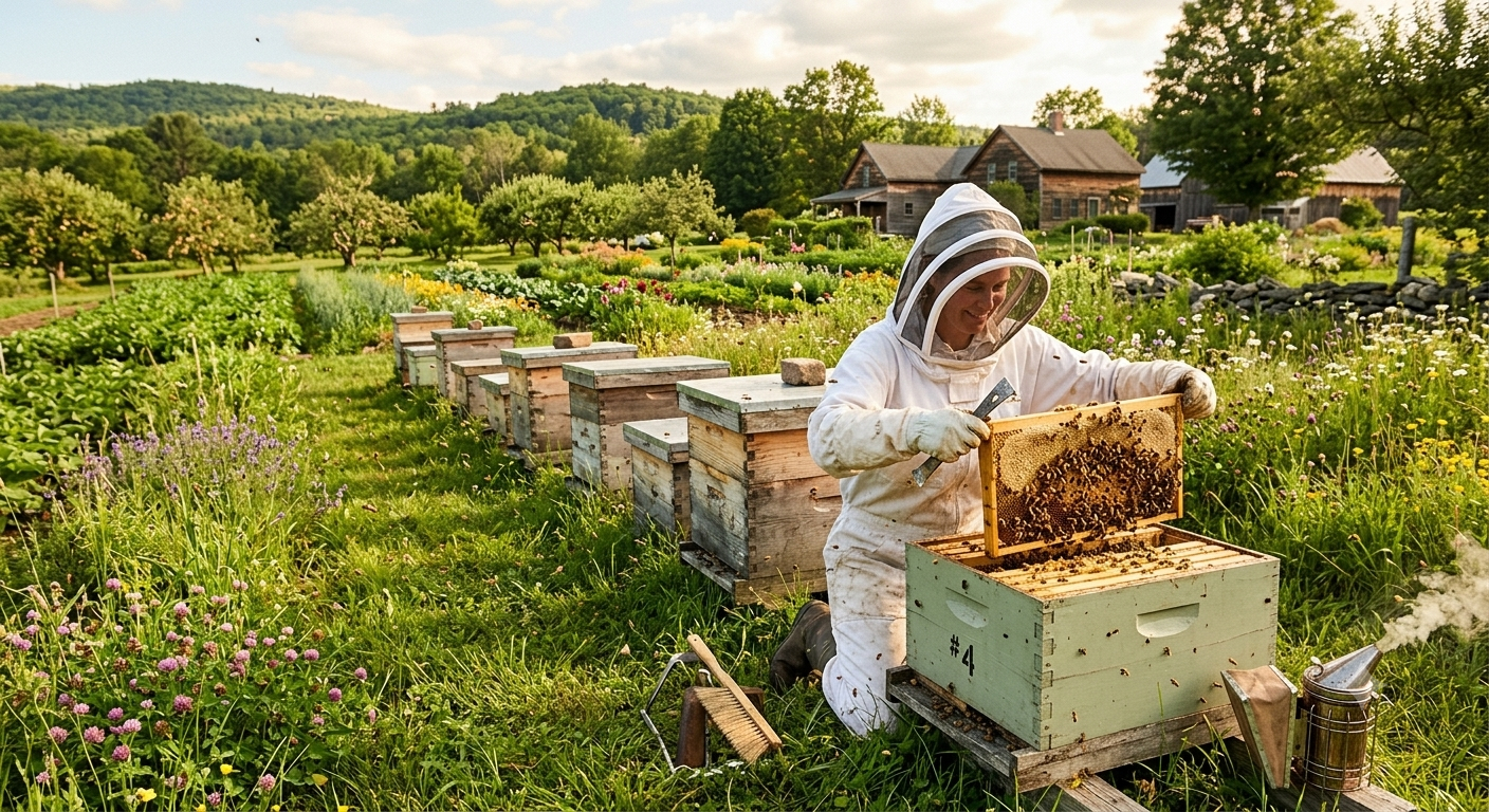 Beekeeper tending to hives in a lush green farm